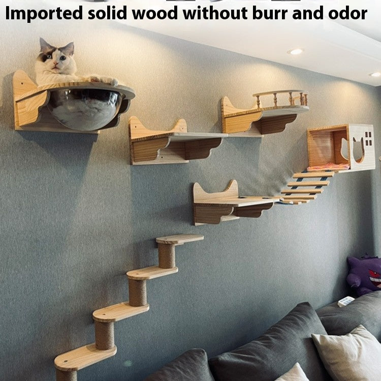 Cat climbing frame wall-mounted solid wood wall-mounted cat nest cat tree integrated cat climber space capsule non-occupied Wall-mounted cat climbing column